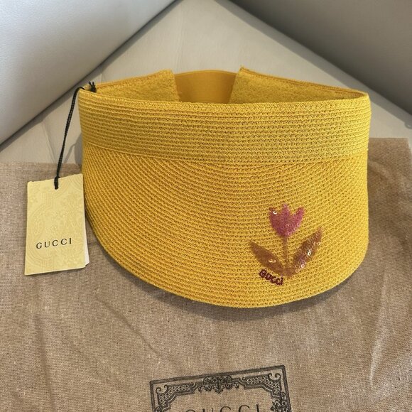 NWT GUCCI Hat Sun Visor Straw Yellow Sz L 100% Authentic - Picture 3 of 11